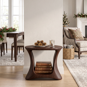 Handcrafted Solid Wood Side Table with Open Book Storage and Sculptural Curved Base