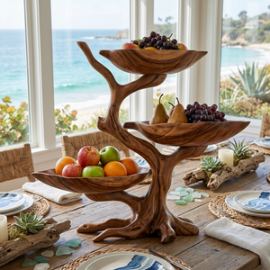 Solid Wood Three-Level Fruit Display Bowl with Organic Branch Pedestal