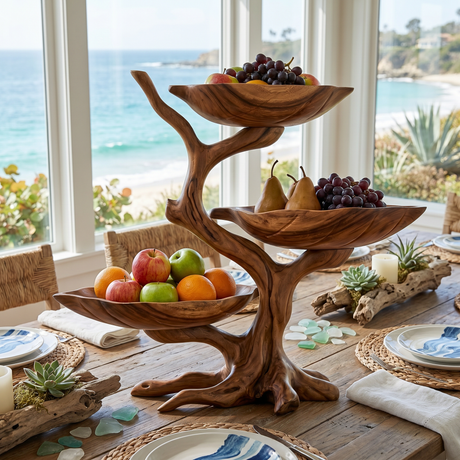 Solid Wood Three-Level Fruit Display Bowl with Organic Branch Pedestal