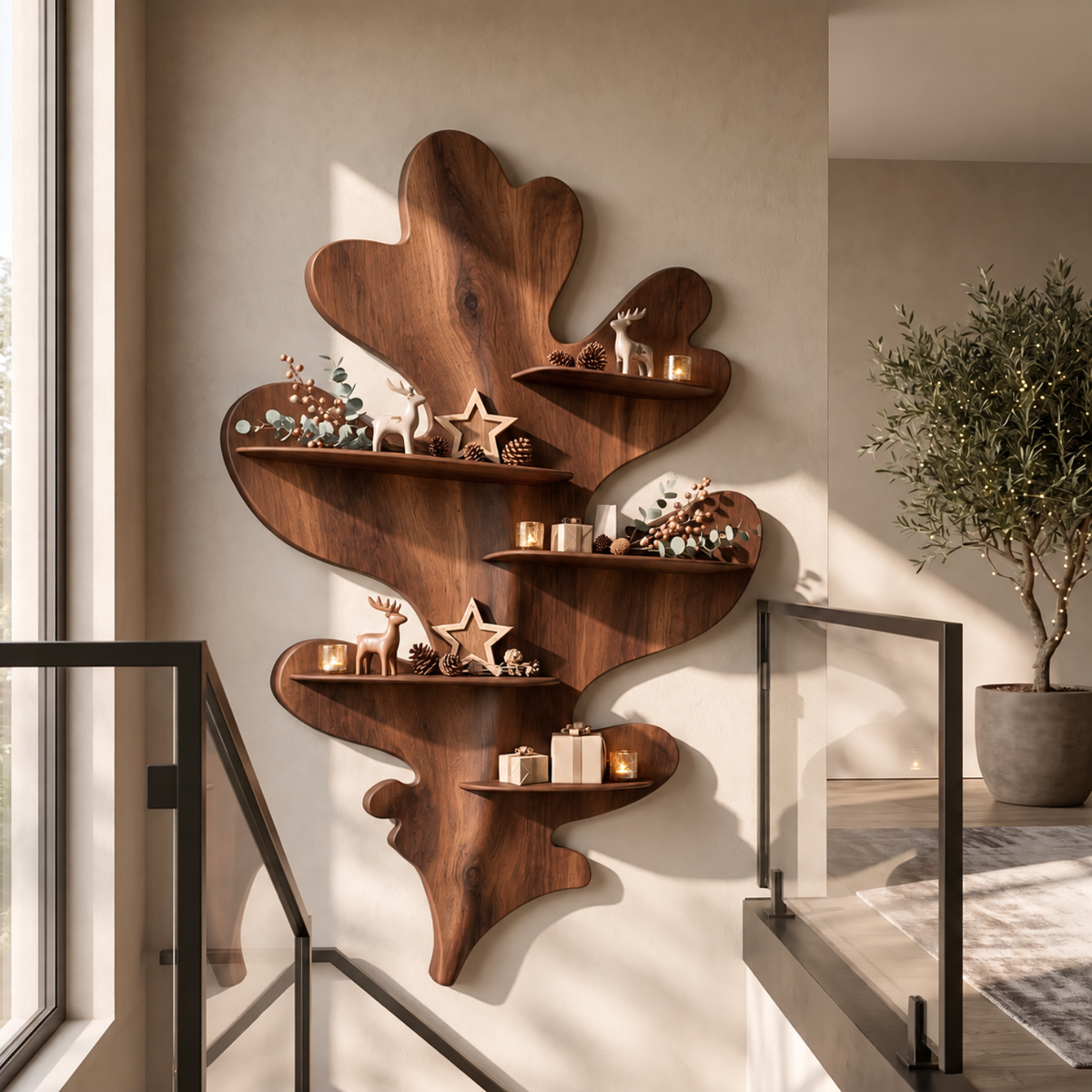 Sculptural Leaf Solid Wood Wall Shelf with Organic Botanical Display Design