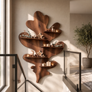 Sculptural Leaf Solid Wood Wall Shelf with Organic Botanical Display Design