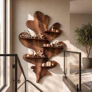 Sculptural Leaf Solid Wood Wall Shelf with Organic Botanical Display Design