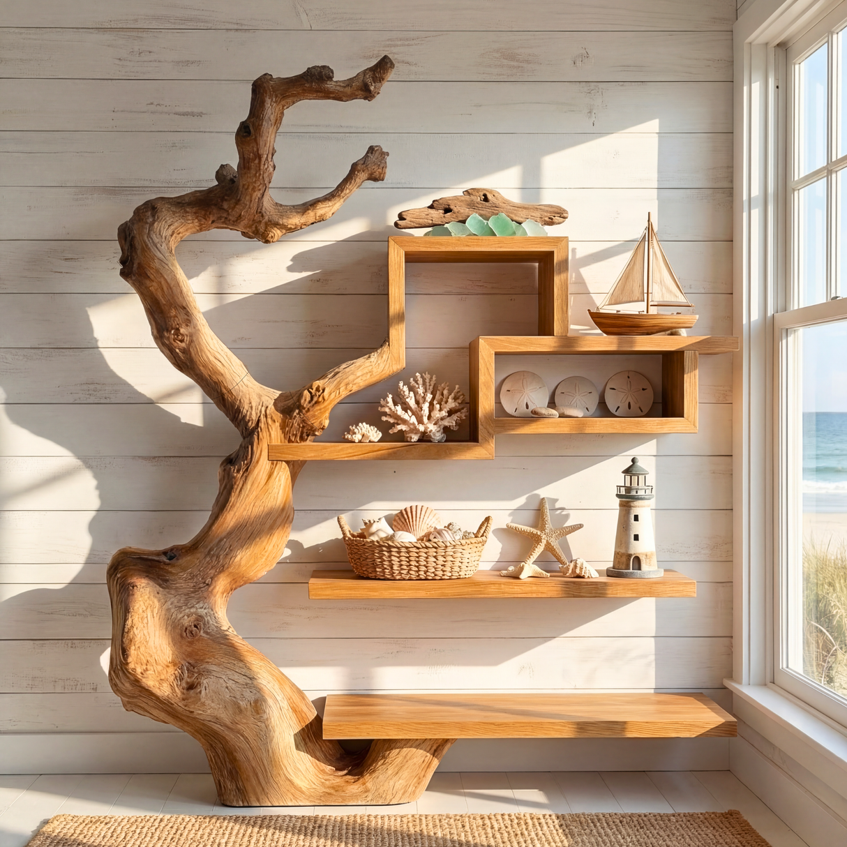 Organic Solid Wood Wall Bookshelf with Sculptural Tree Form Display Shelf