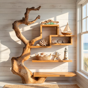 Organic Solid Wood Wall Bookshelf with Sculptural Tree Form Display Shelf