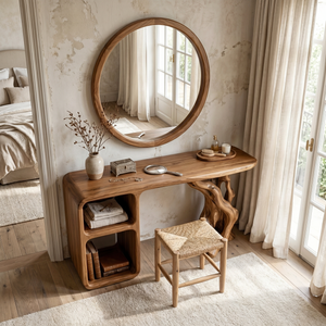 Sculptural Solid Wood Vanity Table with Organic Carved Base and Open Shelf Storage