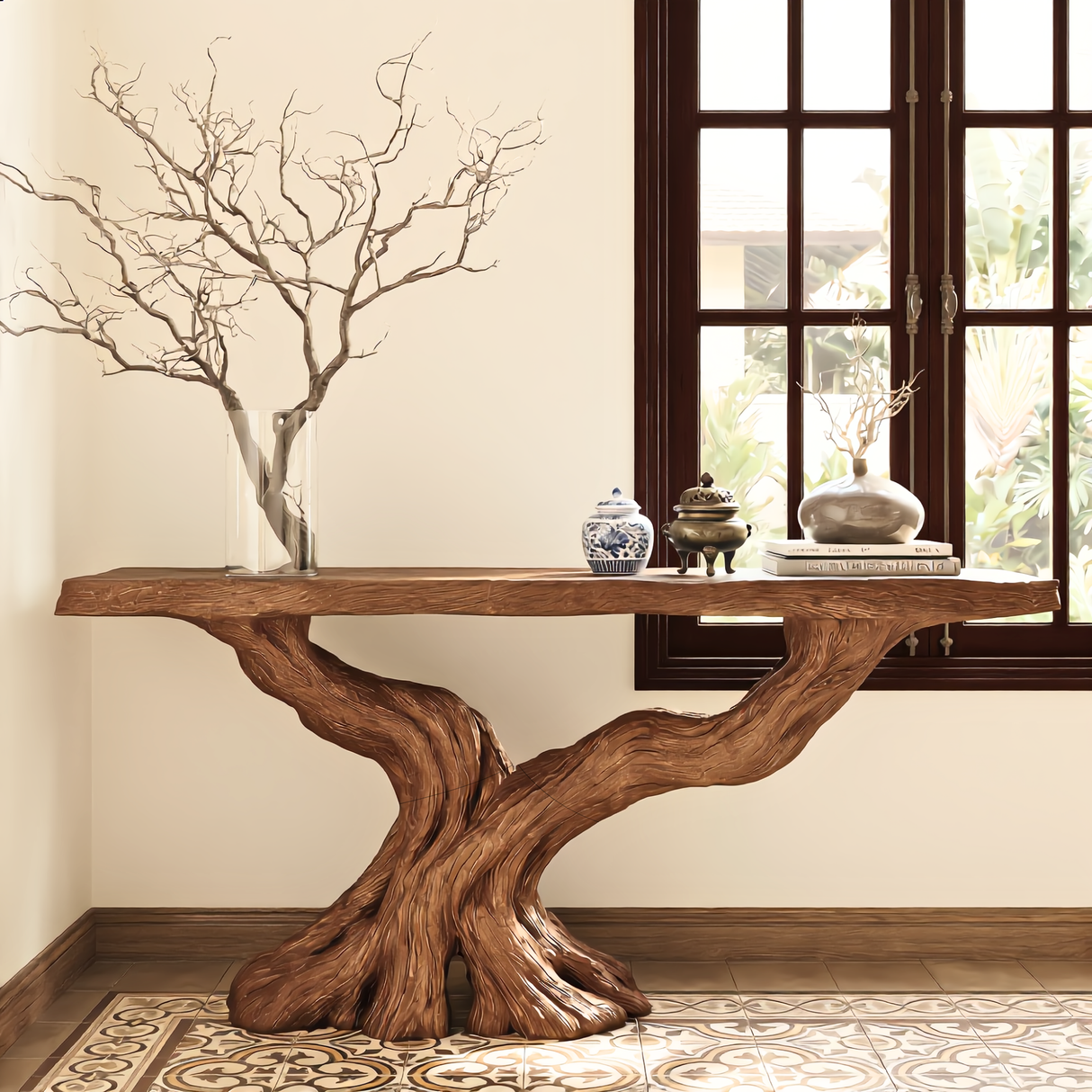 Sculptural Wood Console Table with Tree Form Base