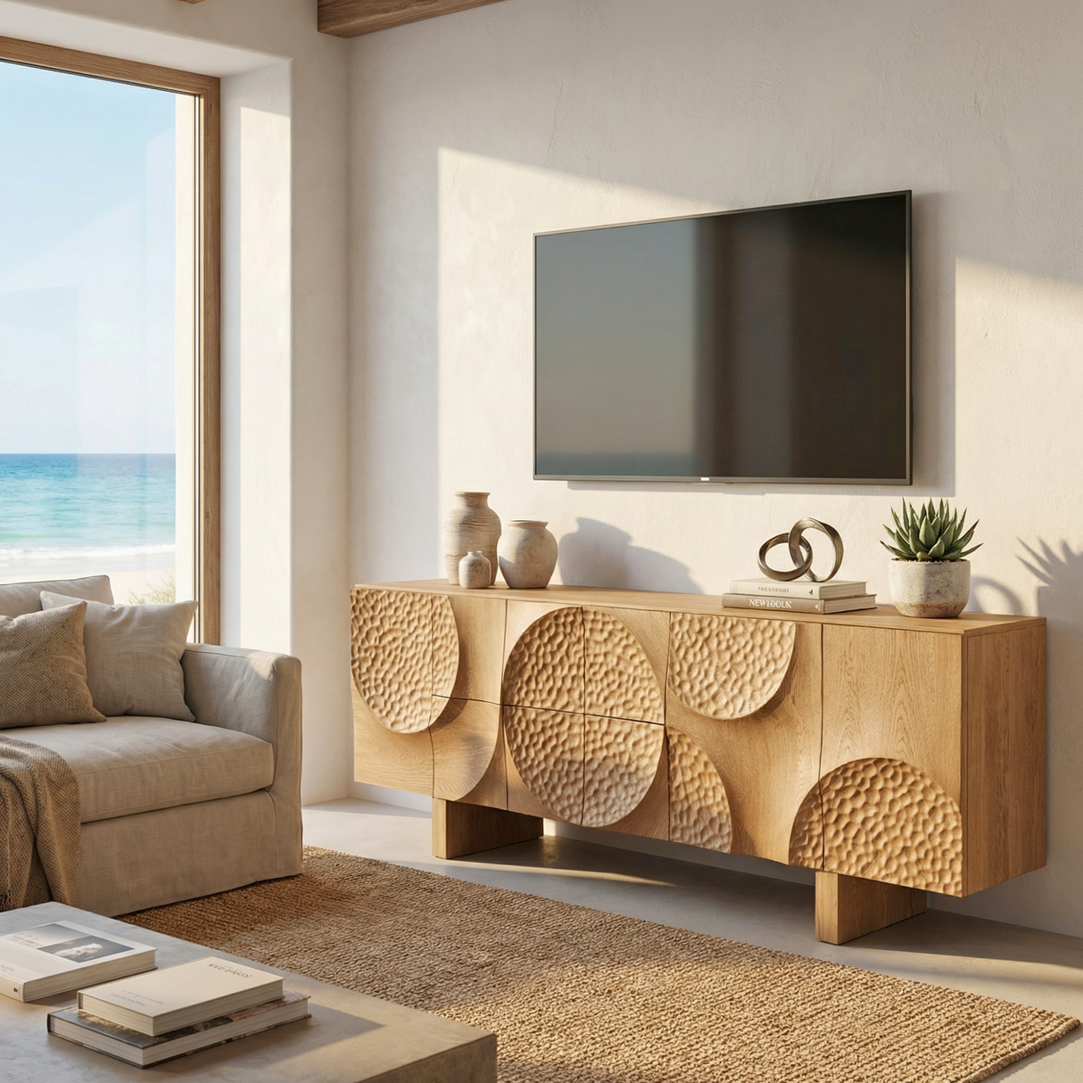 Solid Wood TV Cabinet with Sculptural Carved Doors for Organic Modern Interiors