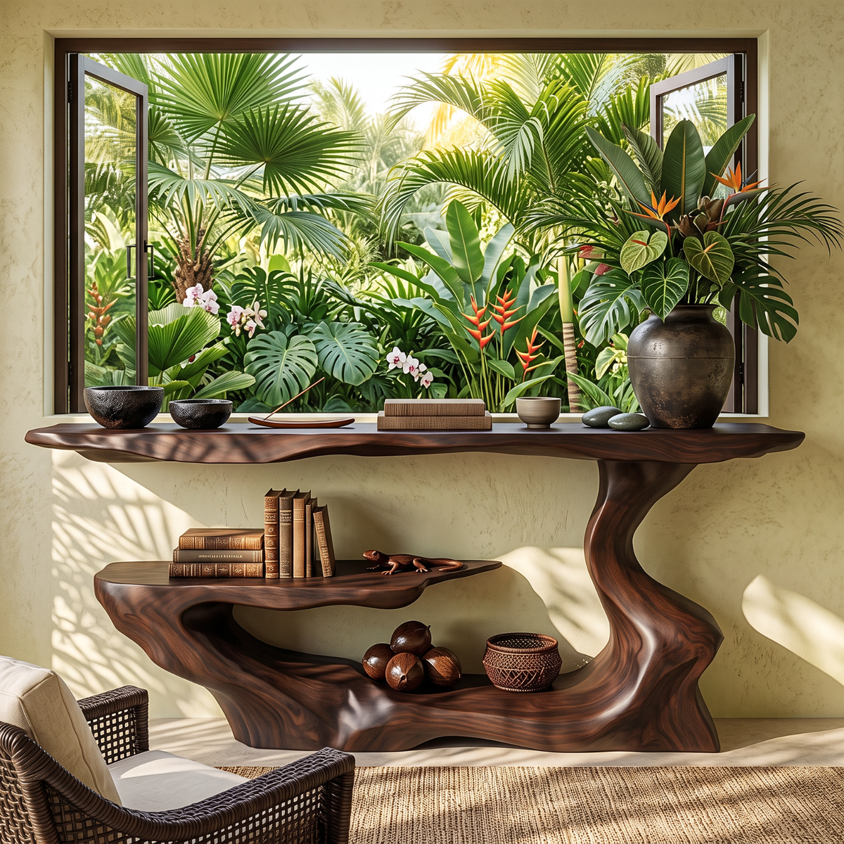 Handcrafted Solid Wood Console Table with Asymmetrical Tiered Shelves