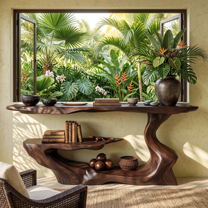 Handcrafted Solid Wood Console Table with Asymmetrical Tiered Shelves