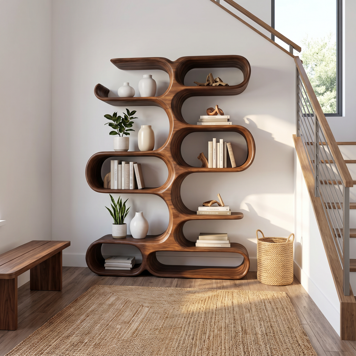 Handcrafted Solid Wood Organic Wall Bookcase with Curved Open Shelves