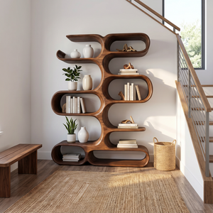 Handcrafted Solid Wood Organic Wall Bookcase with Curved Open Shelves