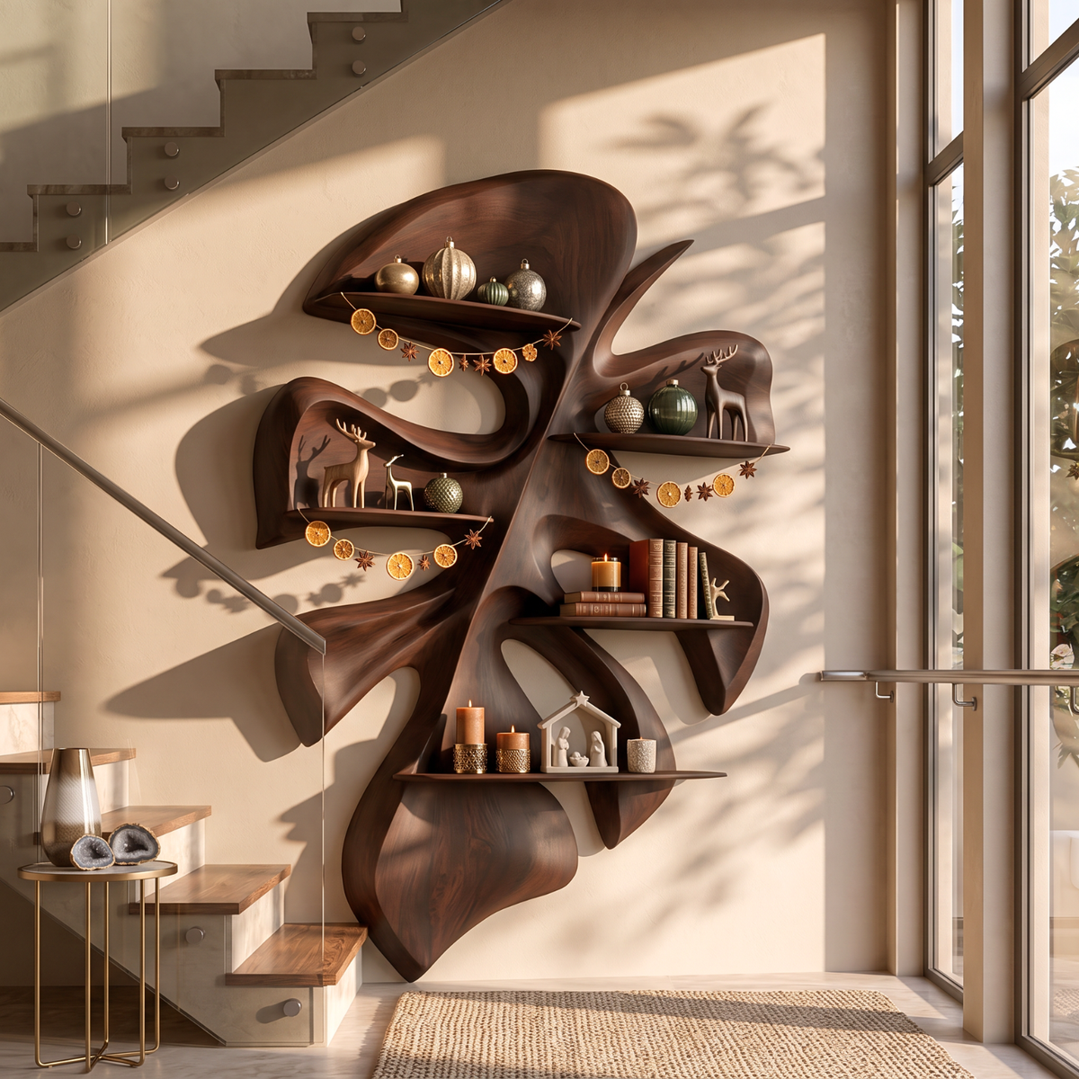 Tropical Leaf Solid Wood Wall Shelf with Sculptural Floating Display Shelves