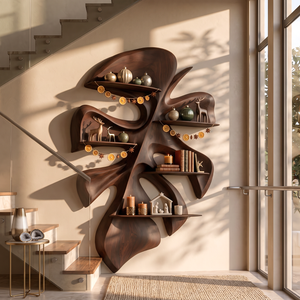 Tropical Leaf Solid Wood Wall Shelf with Sculptural Floating Display Shelves