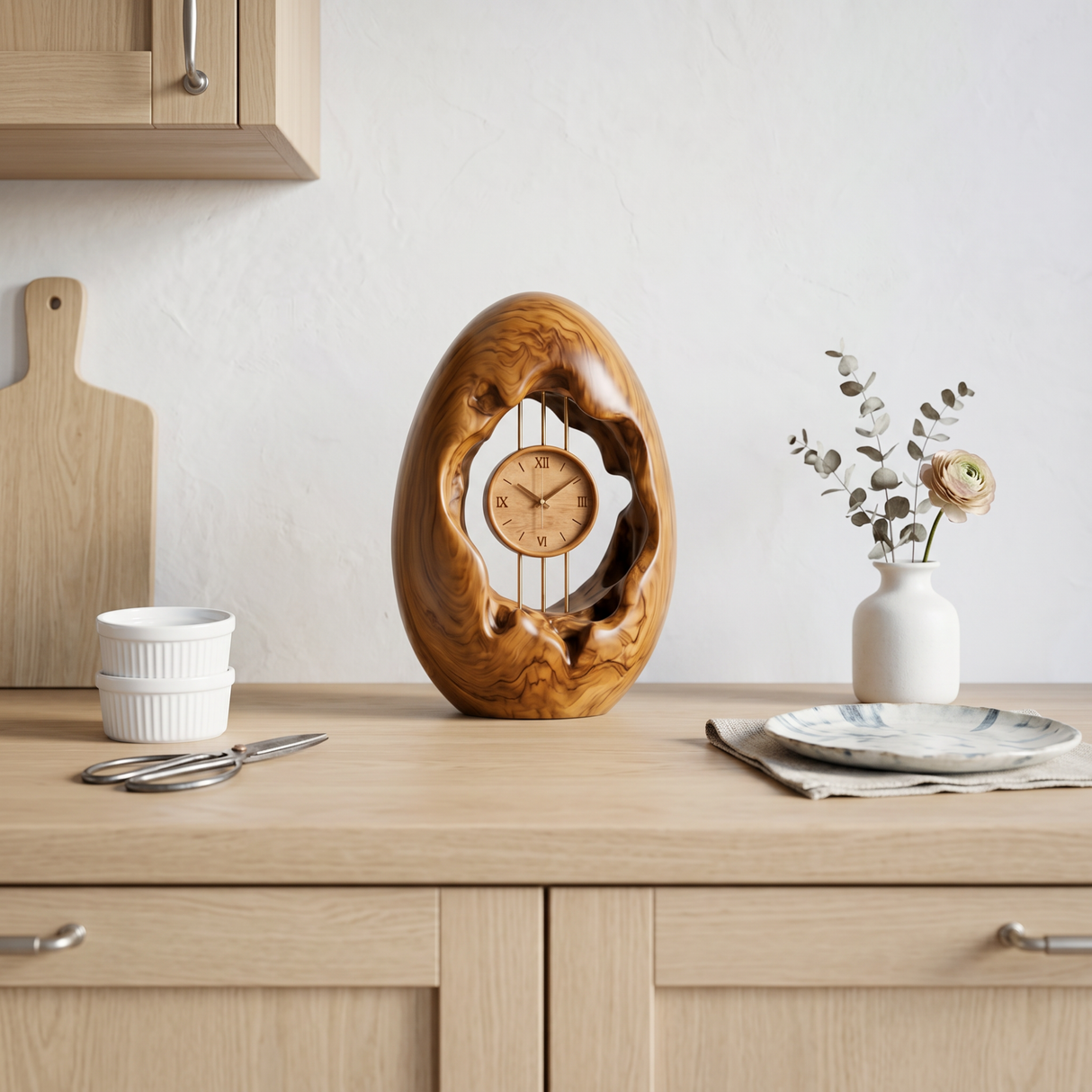 Solid Wood Oval Table Clock with Hollow Sculptural Frame