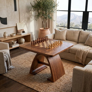 Handcrafted Solid Wood Chess Table with Arched Sculptural Pedestal Base