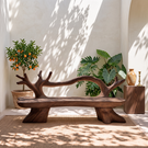 Organic Solid Wood Garden Bench with Sculptural Loop Backrest