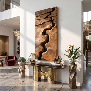 Canyon Inspired Solid Wood Wall Art with Flowing River Carving and Textured Relief