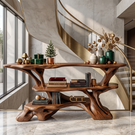 Handcrafted Solid Wood Console Table with Branching Frame and Tiered Shelves