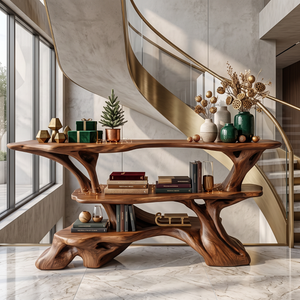 Handcrafted Solid Wood Console Table with Branching Frame and Tiered Shelves