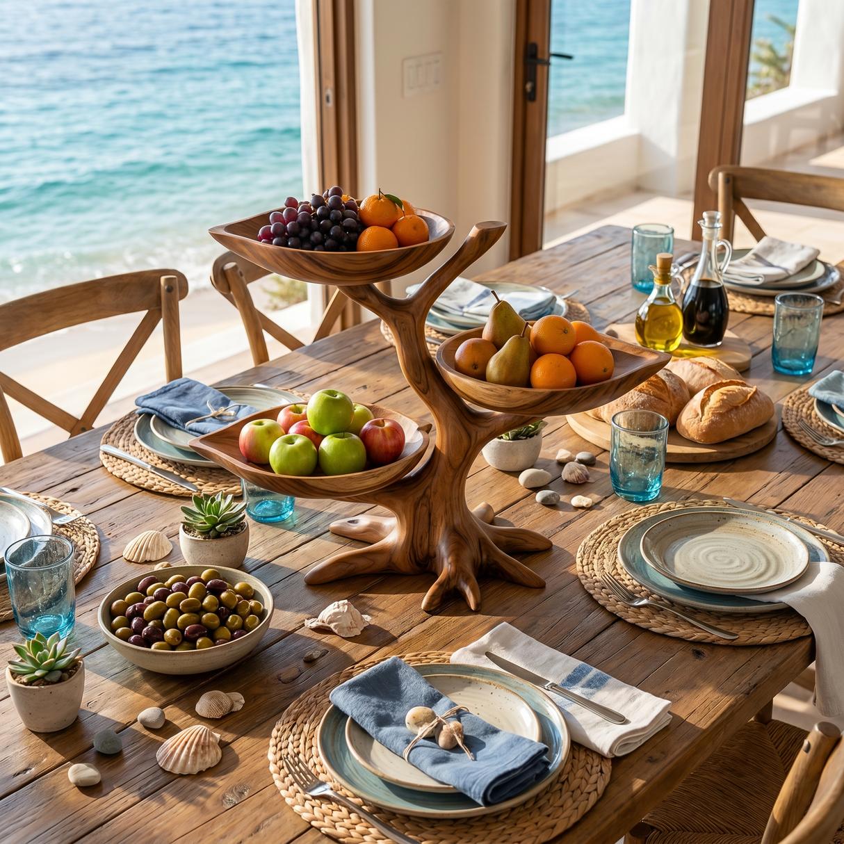 Handcrafted Solid Wood Tiered Fruit Centerpiece with Tree-Limb Stand and Curved Bowl Trays