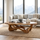 Solid Wood Coffee Table with Organic Openwork Base and Rounded Slab Top