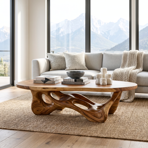 Solid Wood Coffee Table with Organic Openwork Base and Rounded Slab Top
