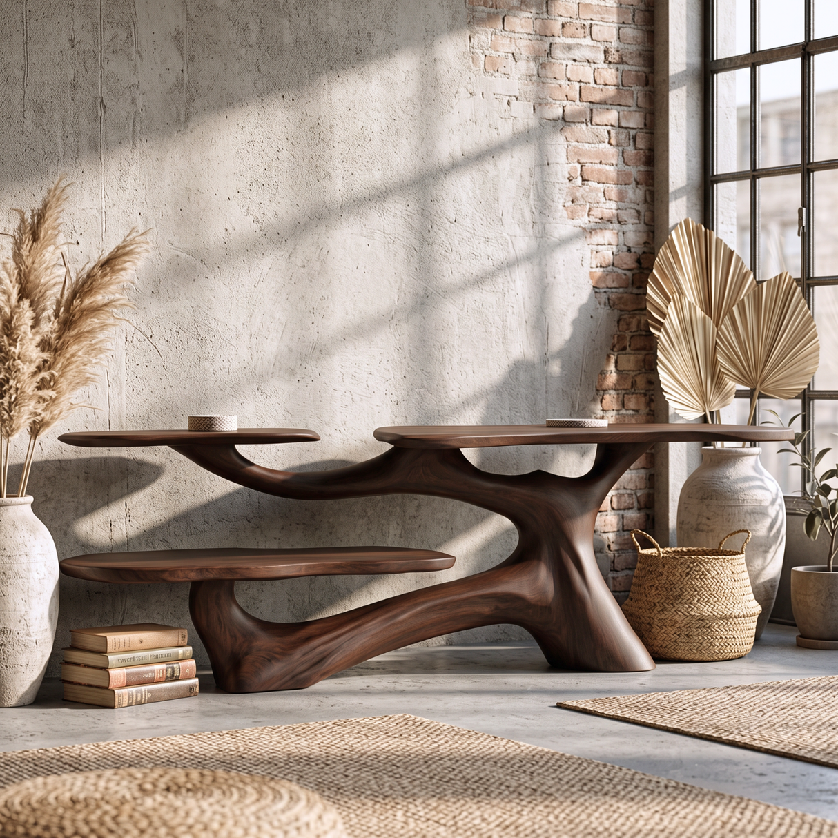 Console Table Solid Wood with Organic Multi Level Shelf Base for Entryway Decor