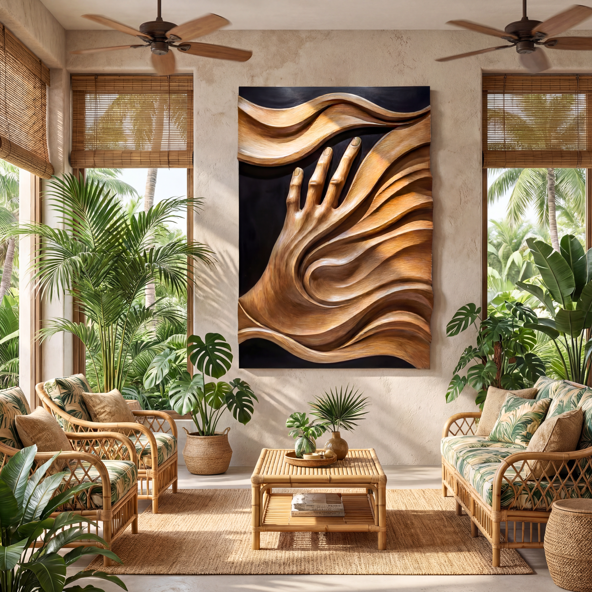 3D Flowing Wave Hand Sculpture Wall Art Solid Wood Handcrafted Decor