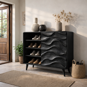 Handcrafted Solid Wood Shoe Cabinet with Wave Carved Sliding Door for Entryway