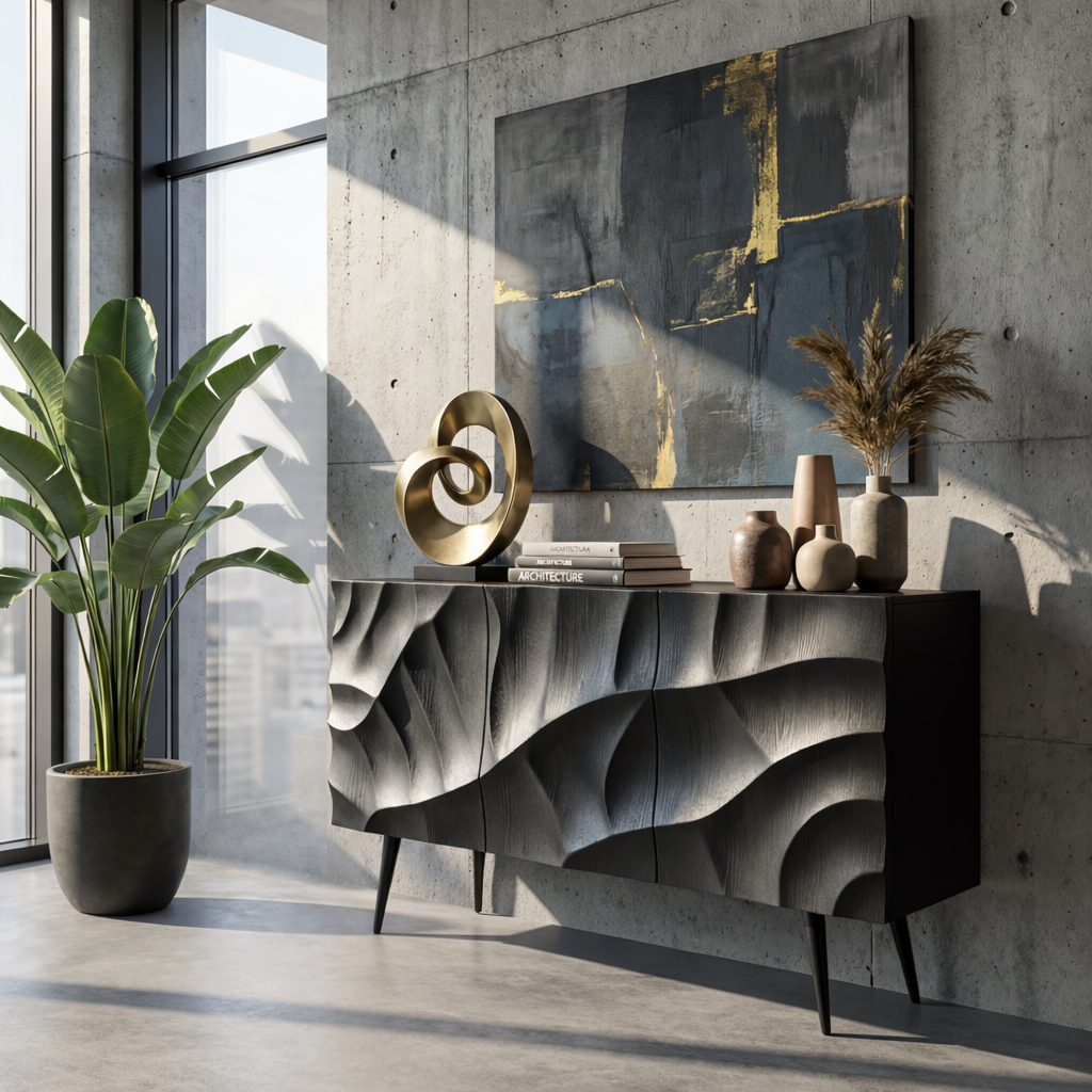 Black Sculpted Wave Front Sideboard for Modern Living and Dining