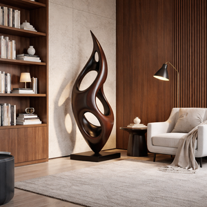 Solid Wood Openwork Flame Sculpture with Plinth for Modern Living Rooms and Lobby Spaces