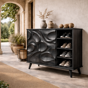 Handcrafted Solid Wood Shoe Cabinet with Sculptural Carved Doors for Entryways