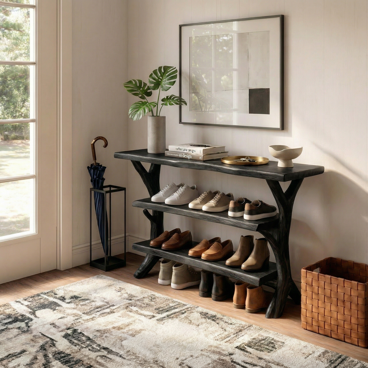 Handcrafted Solid Wood Shoe Rack Console with Open Shelving and Sculptural Branch Legs