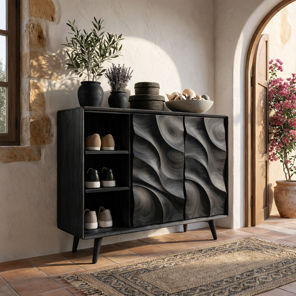 Handcrafted Solid Wood Shoe Cabinet with Sculptural Carved Doors and Open Side Shelves for Entryway
