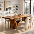 Live Edge Solid Wood Dining Table with Sculptural Curved Base for Dining Room