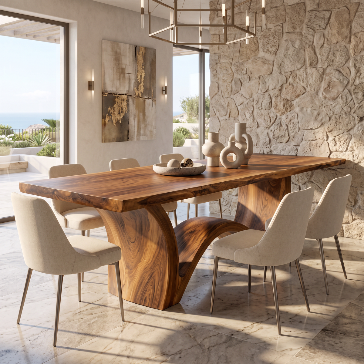 Live Edge Solid Wood Dining Table with Sculptural Curved Base for Dining Room