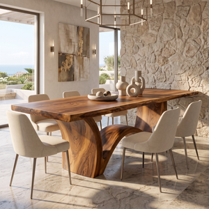 Live Edge Solid Wood Dining Table with Sculptural Curved Base for Dining Room