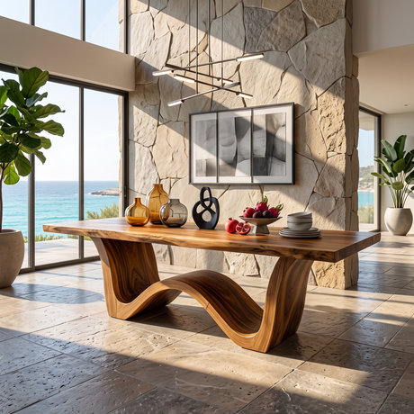 Live Edge Solid Wood Dining Table with Sculptural Curved Base for Dining Room