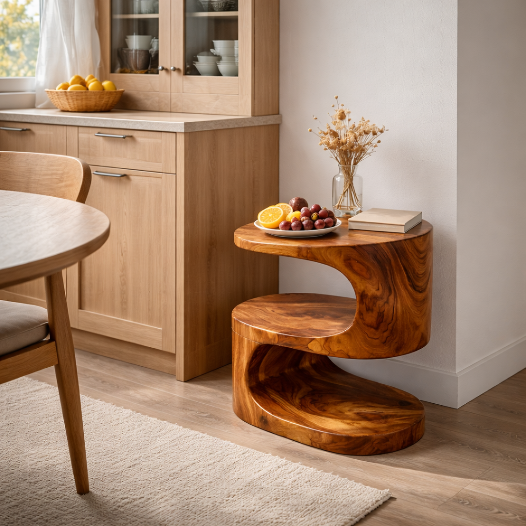 Curved Solid Wood Side Table Two Tier Organic Design for Living Room