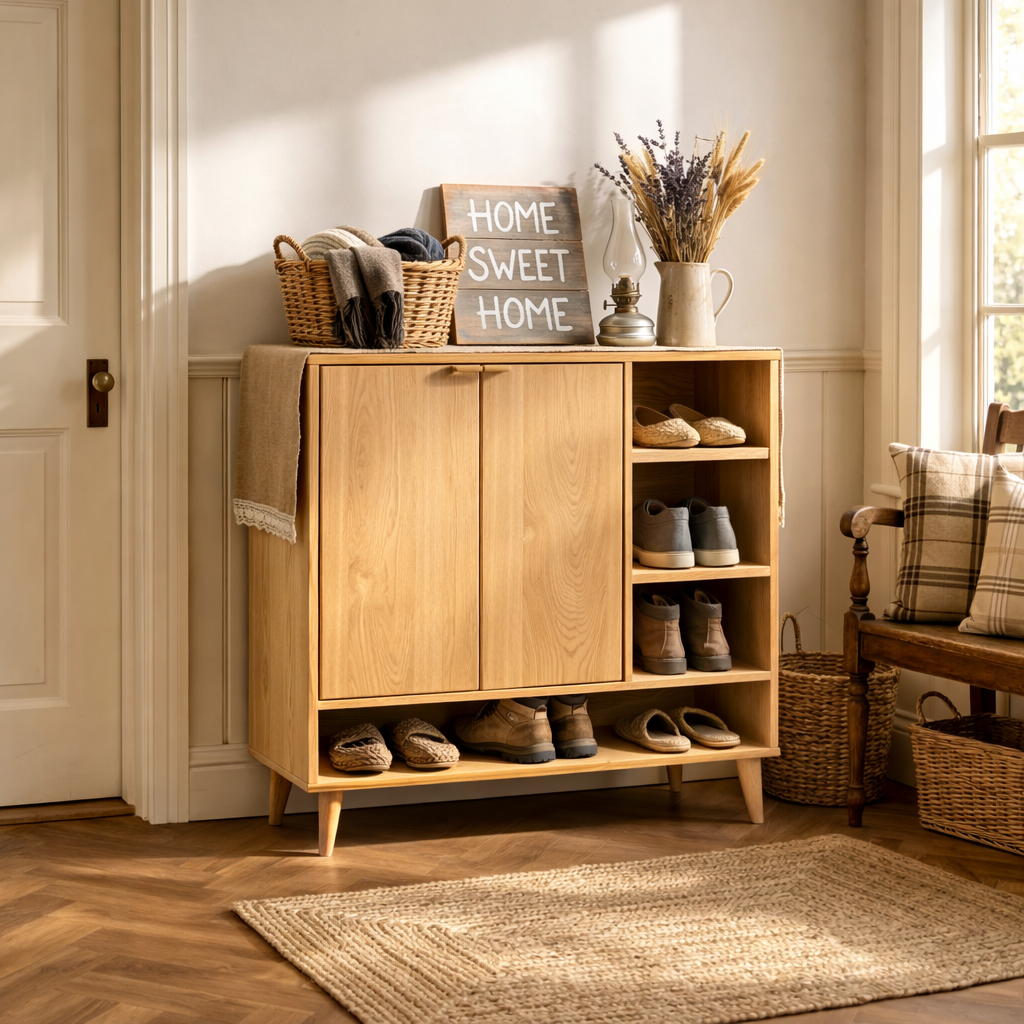 Handcrafted Solid Wood Shoe Cabinet with Double Doors and Open Side Shelf for Entryway and Hallway