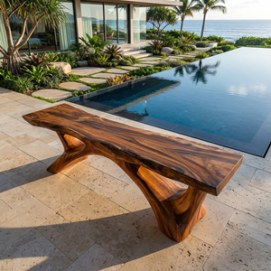 Live Edge Solid Wood Bench with Sculpted Base for Luxury Outdoor Spaces