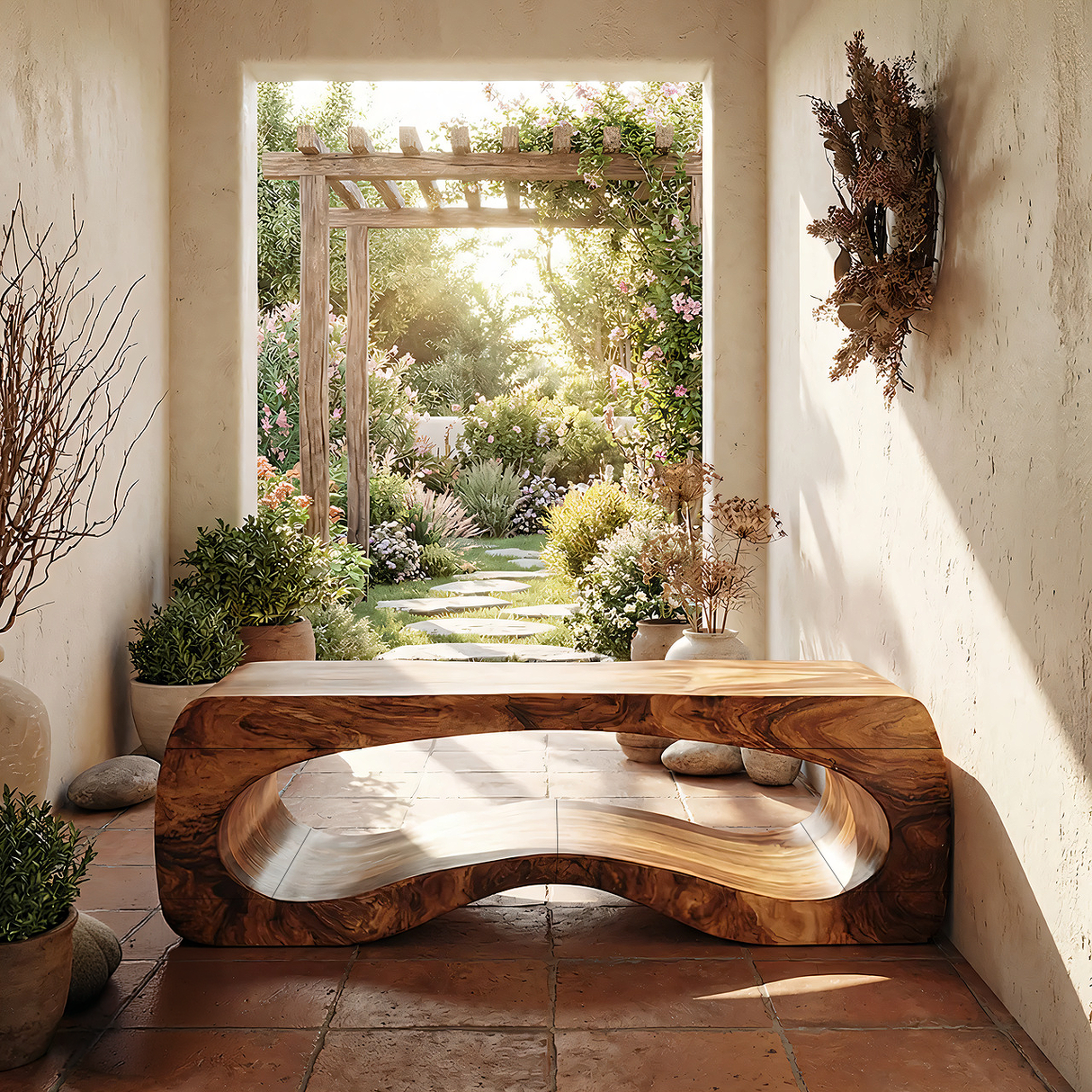 Organic Sculptural Solid Wood Bench with Curved Hollow Base