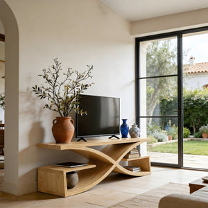 Sculptural Solid Wood TV Console with Curved Base