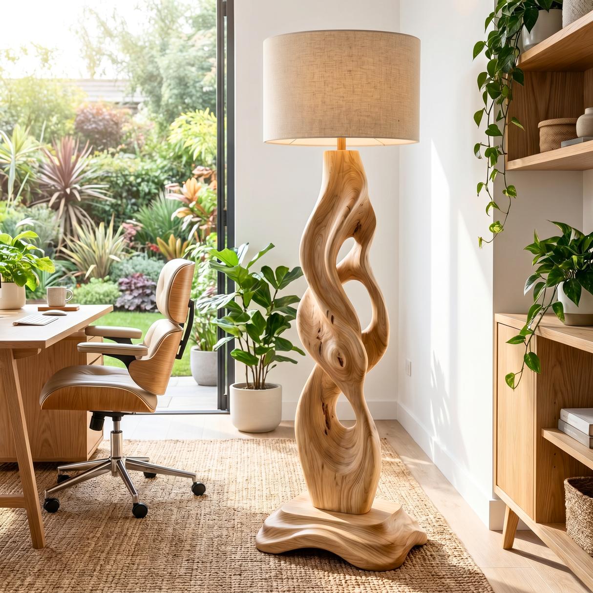 Handcrafted Wood Floor Lamp with Organic Carved Base