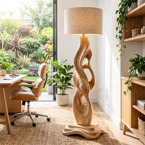 Handcrafted Wood Floor Lamp with Organic Carved Base