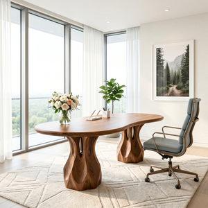 Organic Solid Wood Executive Desk with Sculptural Carved Pedestal Legs