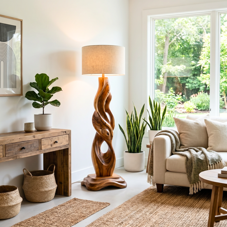 Handcrafted Wood Floor Lamp with Organic Carved Base