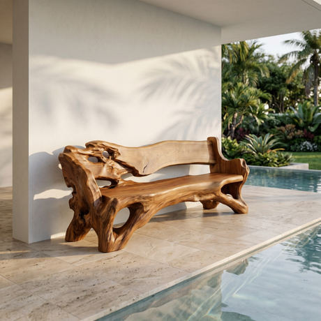 Solid Wood Live Edge Outdoor Bench with Organic Backrest