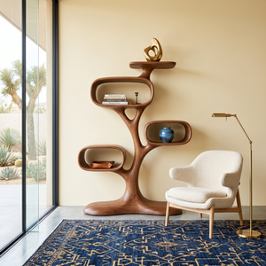 Organic Solid Wood Tree Display Shelf with Rounded Compartments