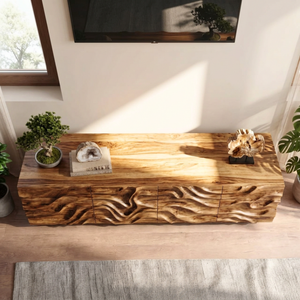 Organic Solid Wood TV Console with Flowing Wave Carved Doors